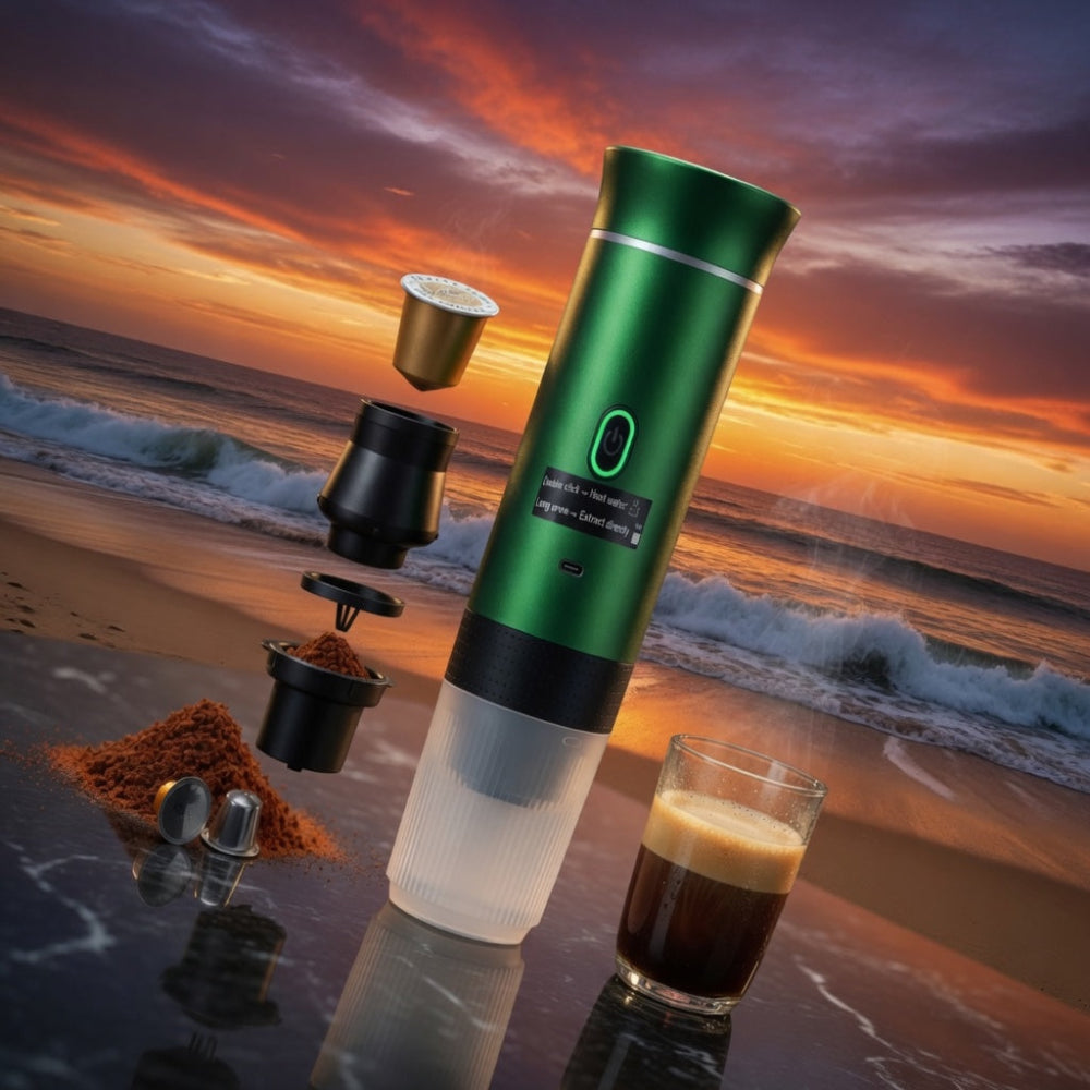Green portable coffee maker with a glass of coffee on a beach at sunset